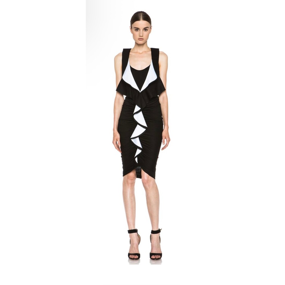 GIVENCHY Black White Ruffle‎ Jersey Sheath Midi Dress Size 38